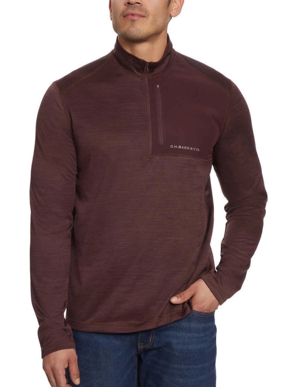 G.H. Bass & Co. Honeycomb Jacquard Quarter-Zip Pullover Front Pocket Burgundy, L